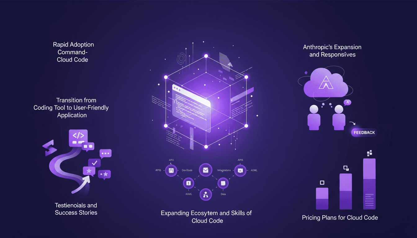 Illustration moderne de l'adoption rapide de Cloud Code, interface de commande, écosystème en expansion, transition vers application conviviale.