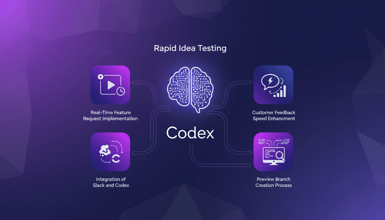 Modern illustration of rapid idea testing with Codex, Slack integration, customer feedback enhancement, preview branch creation.