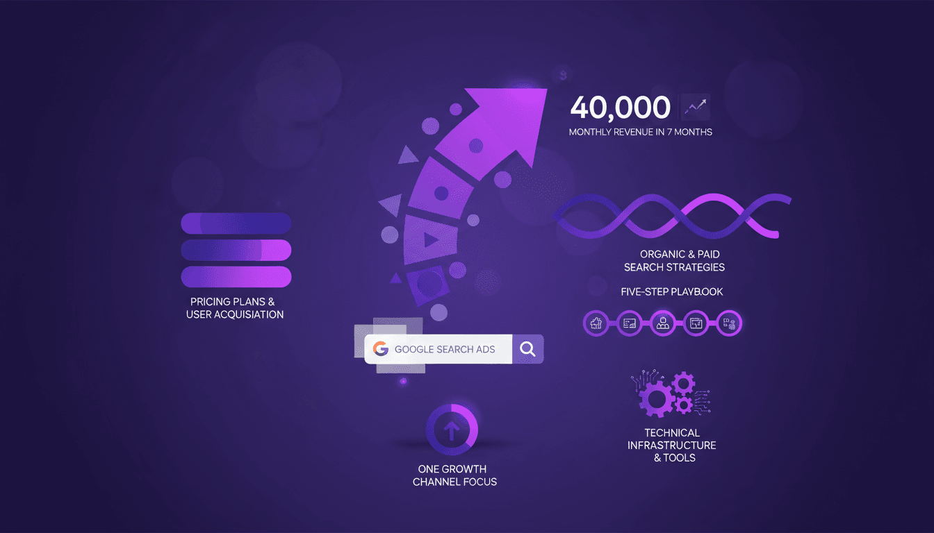 Illustration moderne de stratégie Google Ads, atteignant 40 000 $ de revenus mensuels, avec plans tarifaires et acquisition utilisateurs.