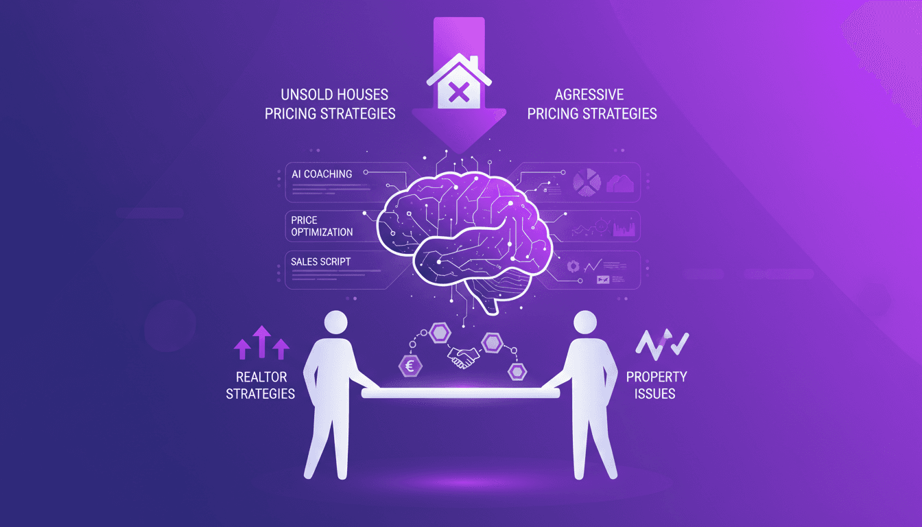 Modern illustration of unsold houses, aggressive pricing strategies, sales tactics, and AI tools for realtor coaching.