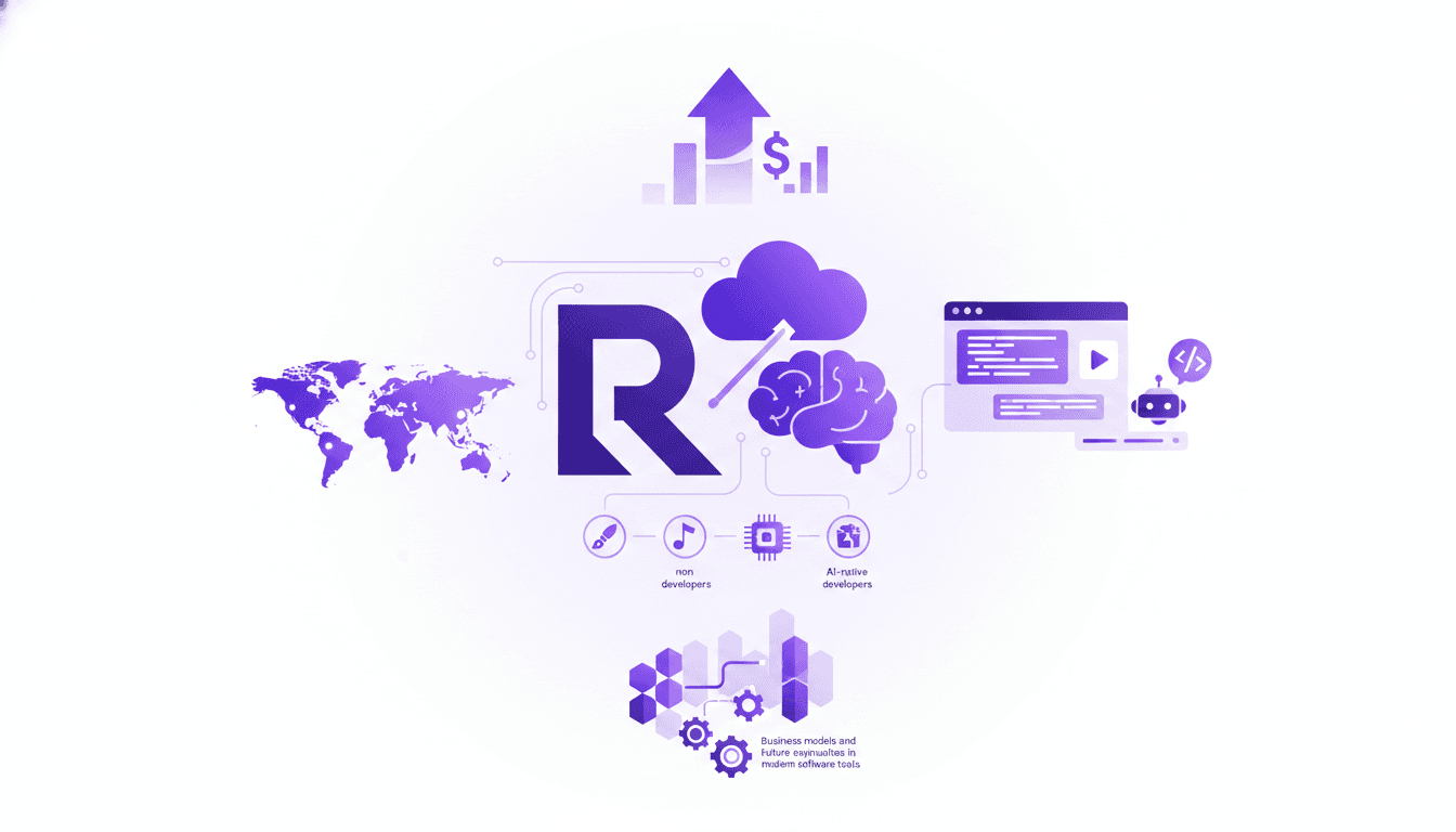 Illustration moderne de Replit illustrant la démocratisation du développement d'applications avec AI, mise en valeur et opportunités globales.