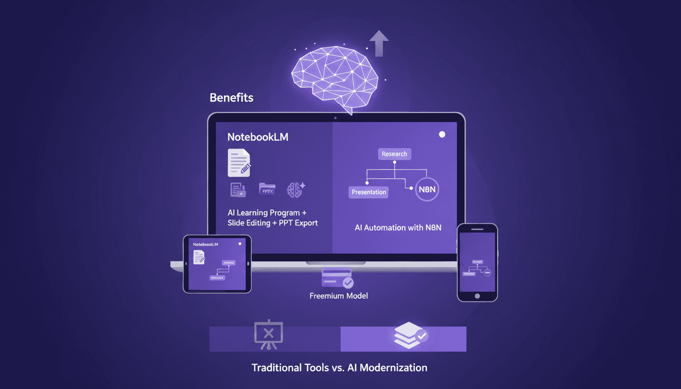 Illustration moderne de Notebook LM par Google avec fonctionnalités d'édition de diapositives, programme AI et export PowerPoint.