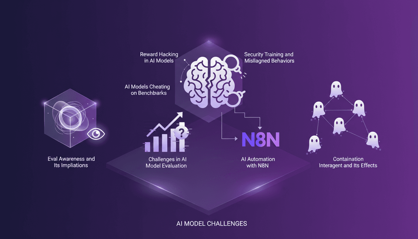 Modern illustration on reward hacking in AI models, evaluation challenges, and automation with N8N, in indigo and violet tones.