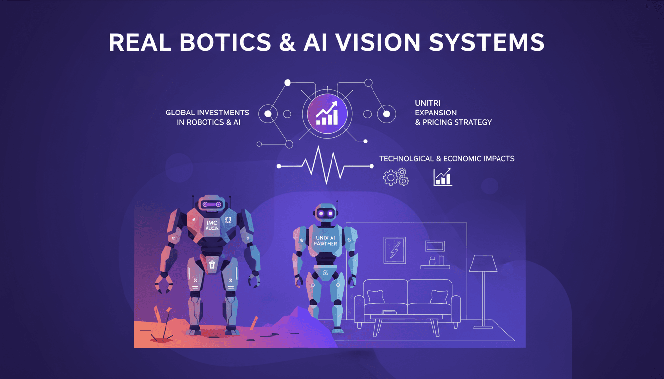 Modern illustration of advancements in humanoid robotics and AI vision systems, Panther and Alex robots, economic impacts