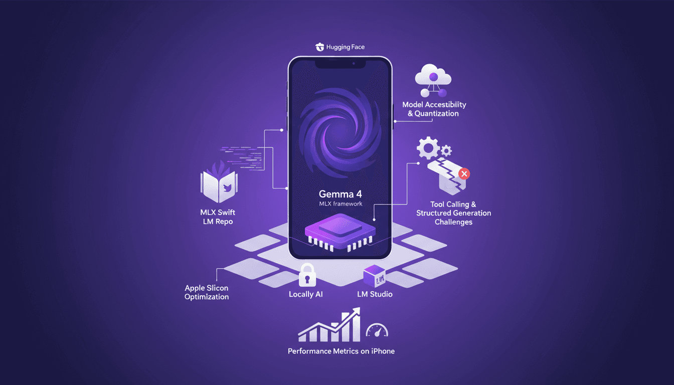 Modern illustration of Gemma 4 on iPhone using MLX, optimized for Apple Silicon, AI integration, performance, and compatibility.