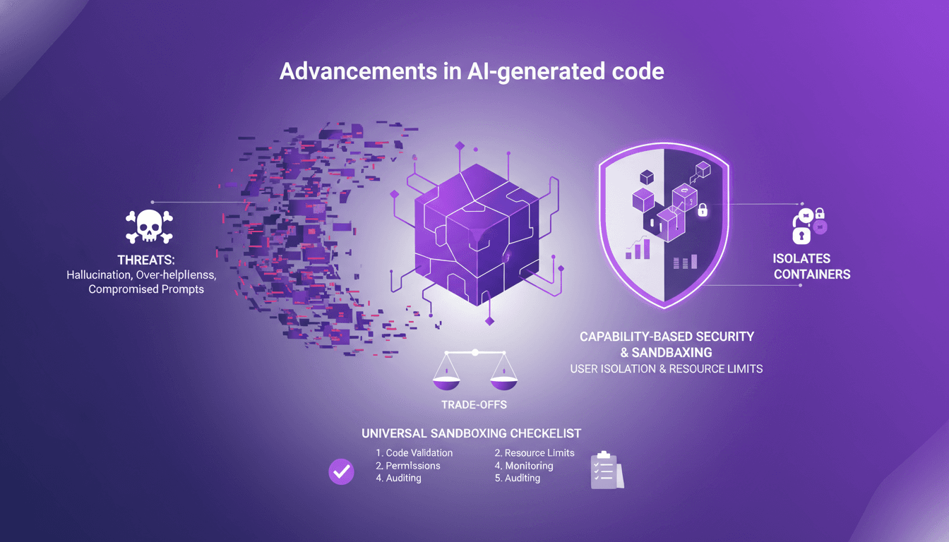 Modern illustration on AI-generated code advancements and assistants, security and sandboxing practices, container comparisons.