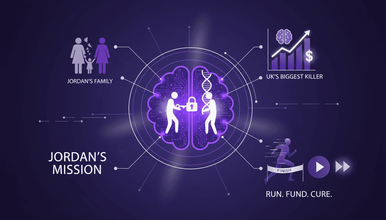 Modern illustration of Jordan's mission against dementia, family impact, fundraising, and research, featuring indigo and violet hues.