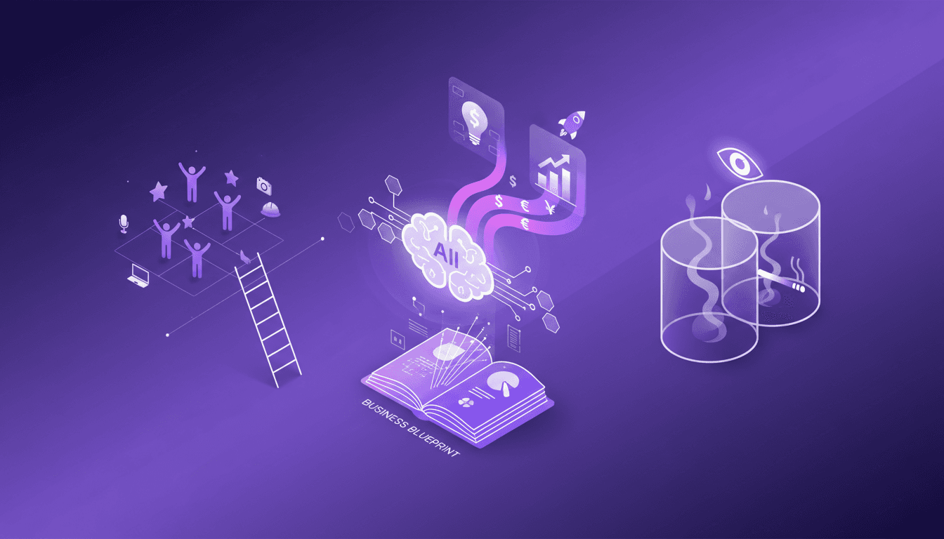 Modern illustration on entrepreneurship with business book, advertising money, job opportunities, indigo and violet tones.