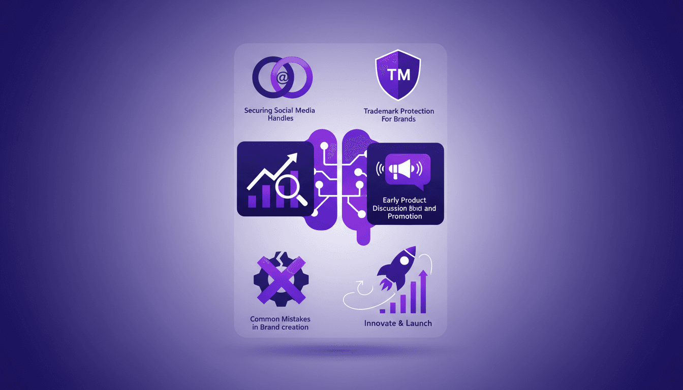 Modern illustration on securing social media handles, trademark protection, testing demand, early promotion, common brand mistakes