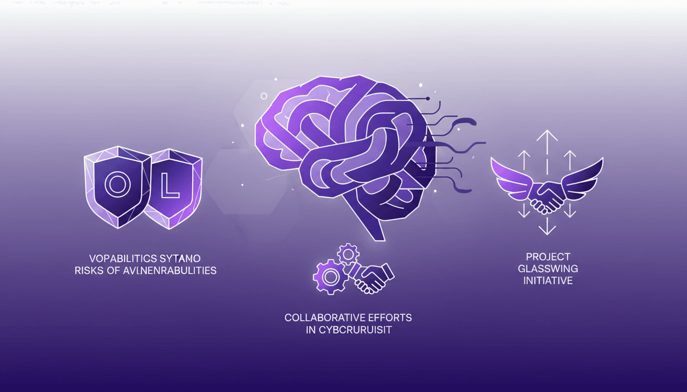 Modern illustration on software vulnerabilities impact, Claude Mythos model, and cybersecurity collaboration.