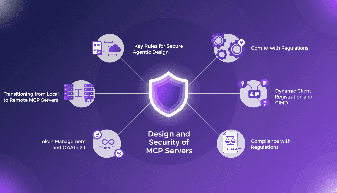 Modern illustration of MCP servers' secure design with local to remote transition, token management, and EU AI Act compliance.