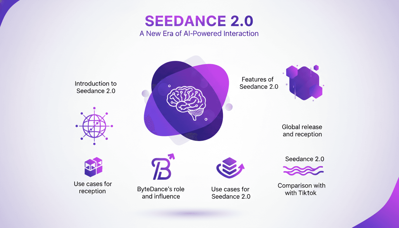 Modern illustration of Seedance 2.0 with geometric shapes and indigo-violet gradients, symbolizing innovation and ByteDance's influence.