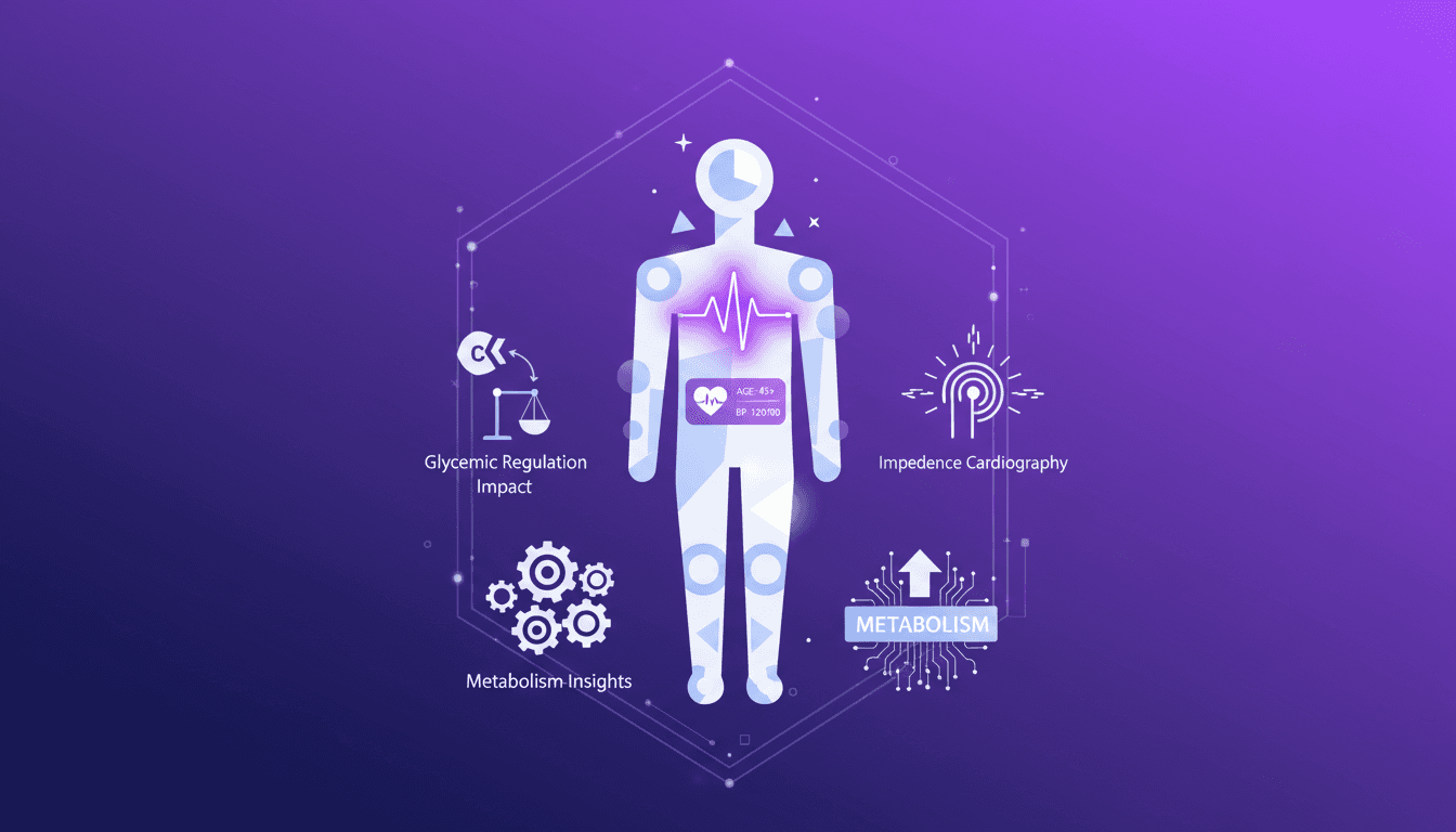 Modern illustration of segmental body composition analysis, six leads ECG, hypertension and heart age monitoring, glycemic regulation impact.