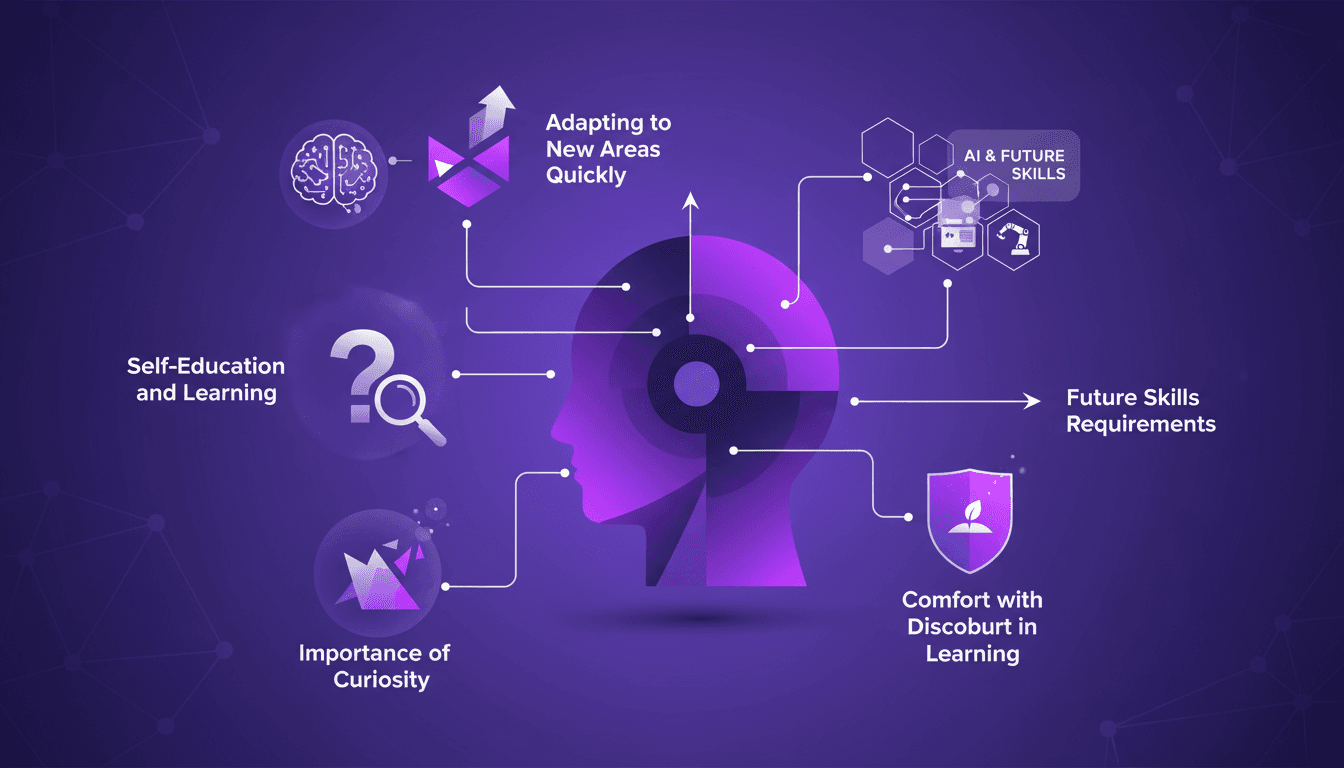 Illustration moderne et minimaliste sur l'auto-éducation et l'adaptation rapide, mettant en valeur la curiosité et les compétences futures liées à l'IA.