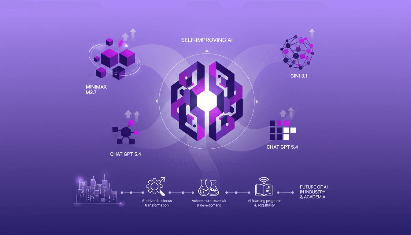 Illustration moderne de modèles d'IA auto-améliorants avec Minimax M2.7, comparée à Gini 3.1 et Chat GPT 5.4, impact sur l'industrie.