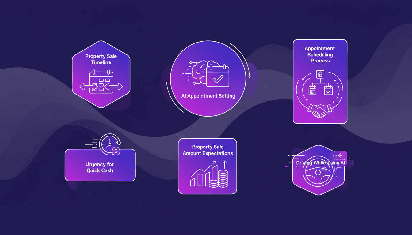 Illustration moderne d'une chronologie de vente immobilière avec IA, urgences pour liquidités rapides, attentes de montant, et planification de rendez-vous.