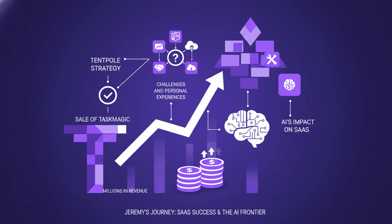 Illustration moderne de la vente de Taskmagic par Jeremy pour des millions, croissance SaaS, impact de l'IA, stratégie tentpole.