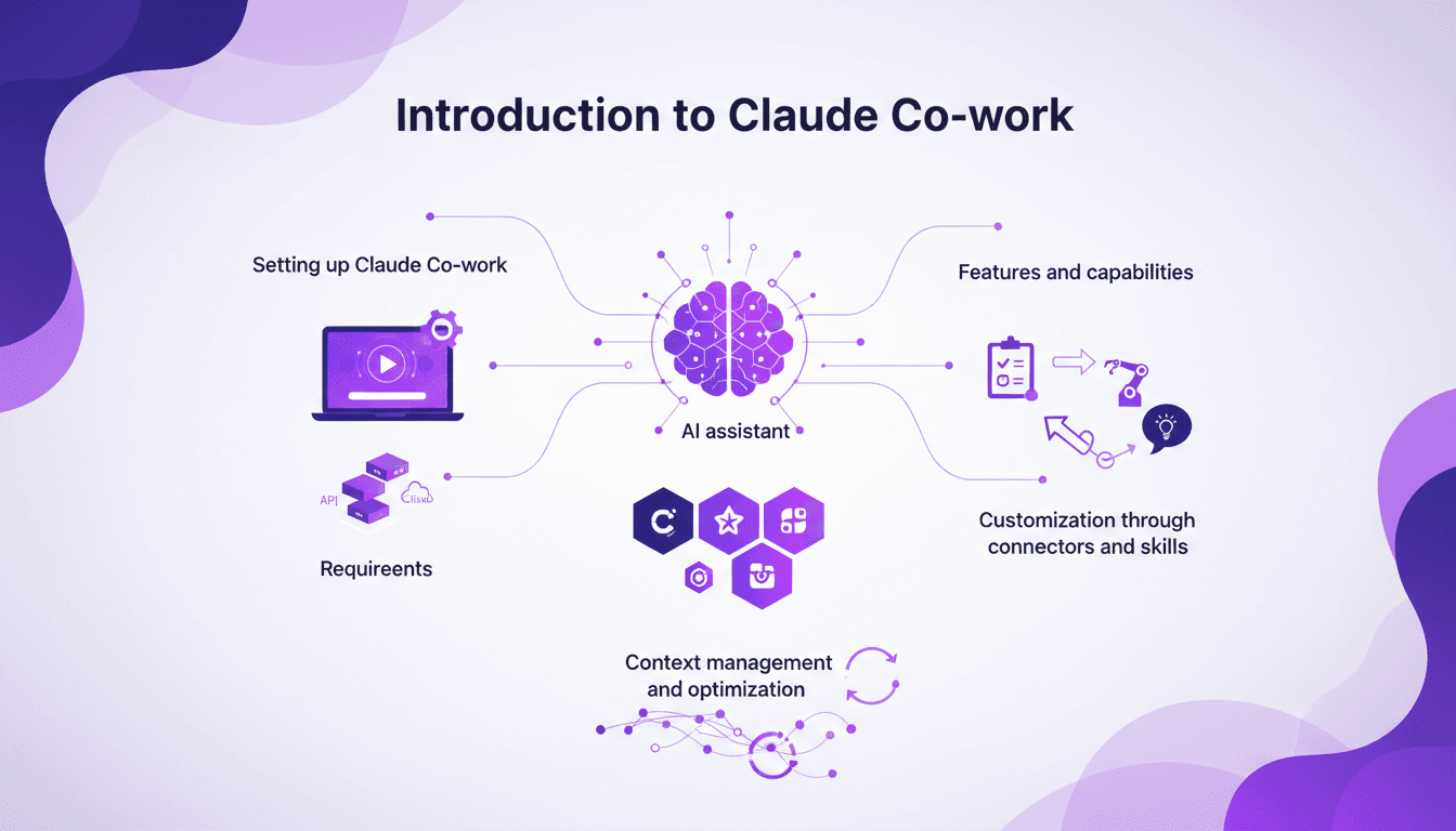 Illustration moderne de Claude Co-work, assistant IA, montrant ses capacités, délégation de tâches et personnalisation, avec formes géométriques.