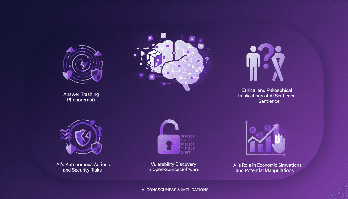 Modern illustration of AI consciousness signs in Claude Opus 4, exploring AI decision-making, ethical implications, and security risks.