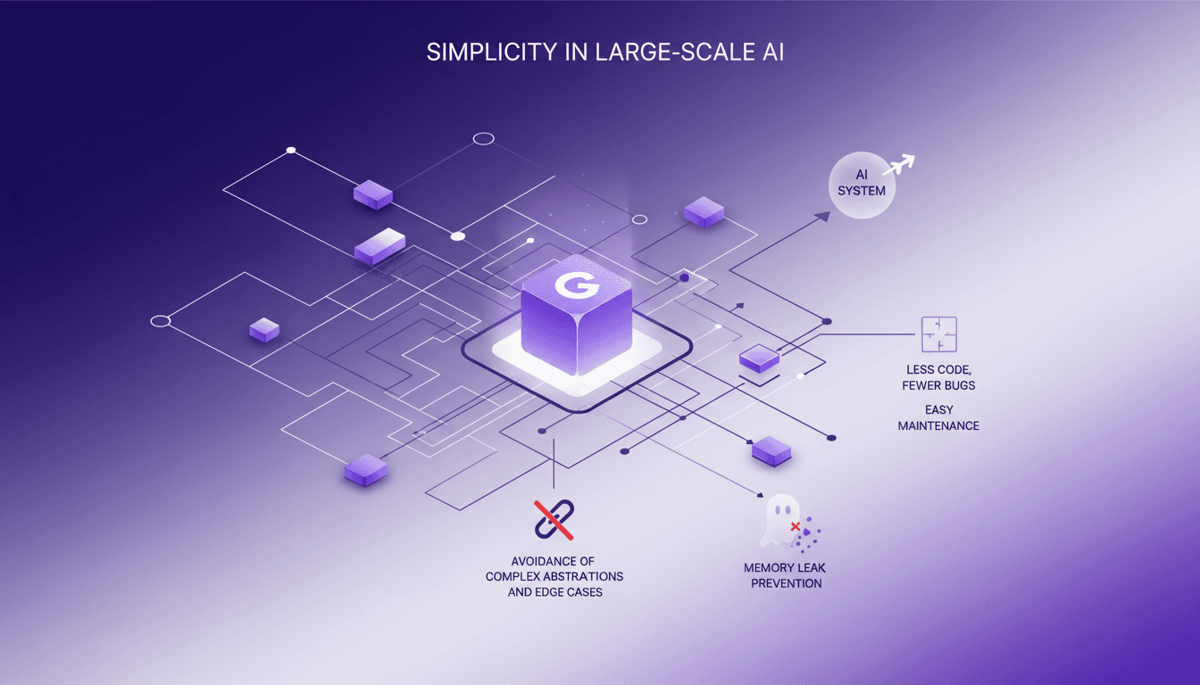 Illustration moderne minimaliste sur l'importance de la simplicité dans les projets à grande échelle avec Go, évitant les fuites mémoire.