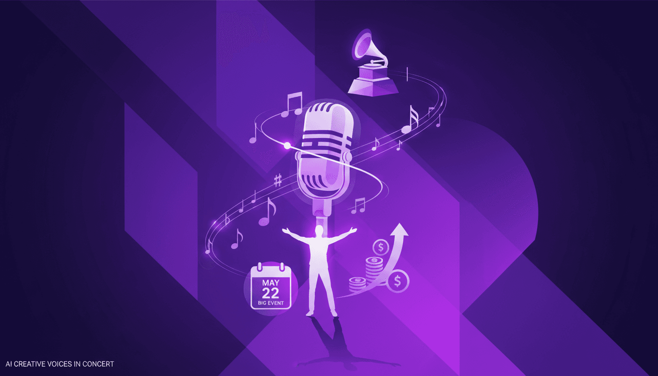 Illustration moderne de formation en chant professionnel, surmonter les doutes, événement du 22 mai, soutien financier, rêve de Grammy