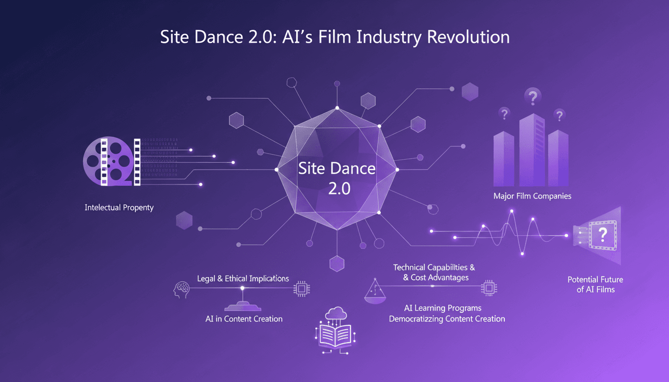 Illustration moderne de Site Dance 2.0 impactant l'industrie cinématographique, abordant les réactions des grandes entreprises et les enjeux de propriété intellectuelle.