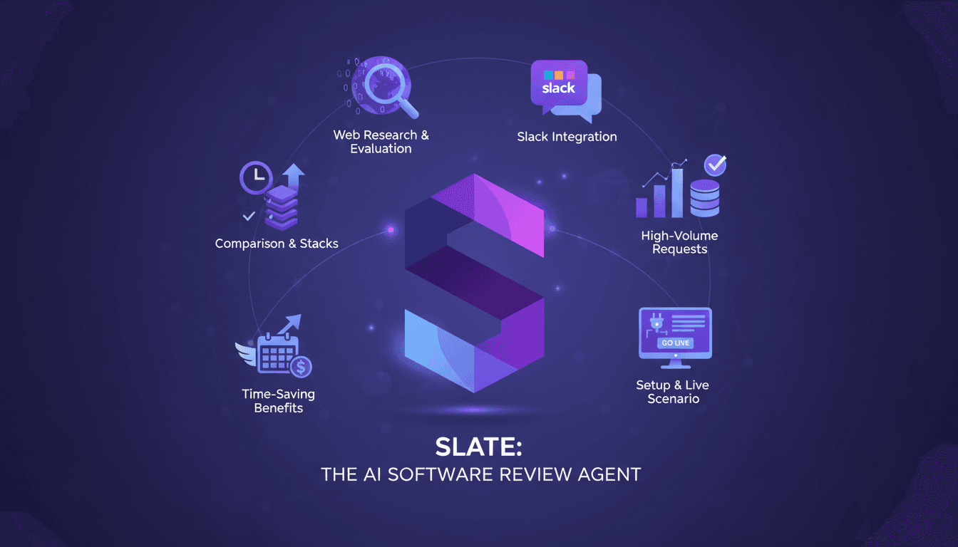 Illustration moderne de Slate, agent d'évaluation de logiciels, intégration avec Slack, recherche web, comparaison d'outils, bénéfices pour IT.