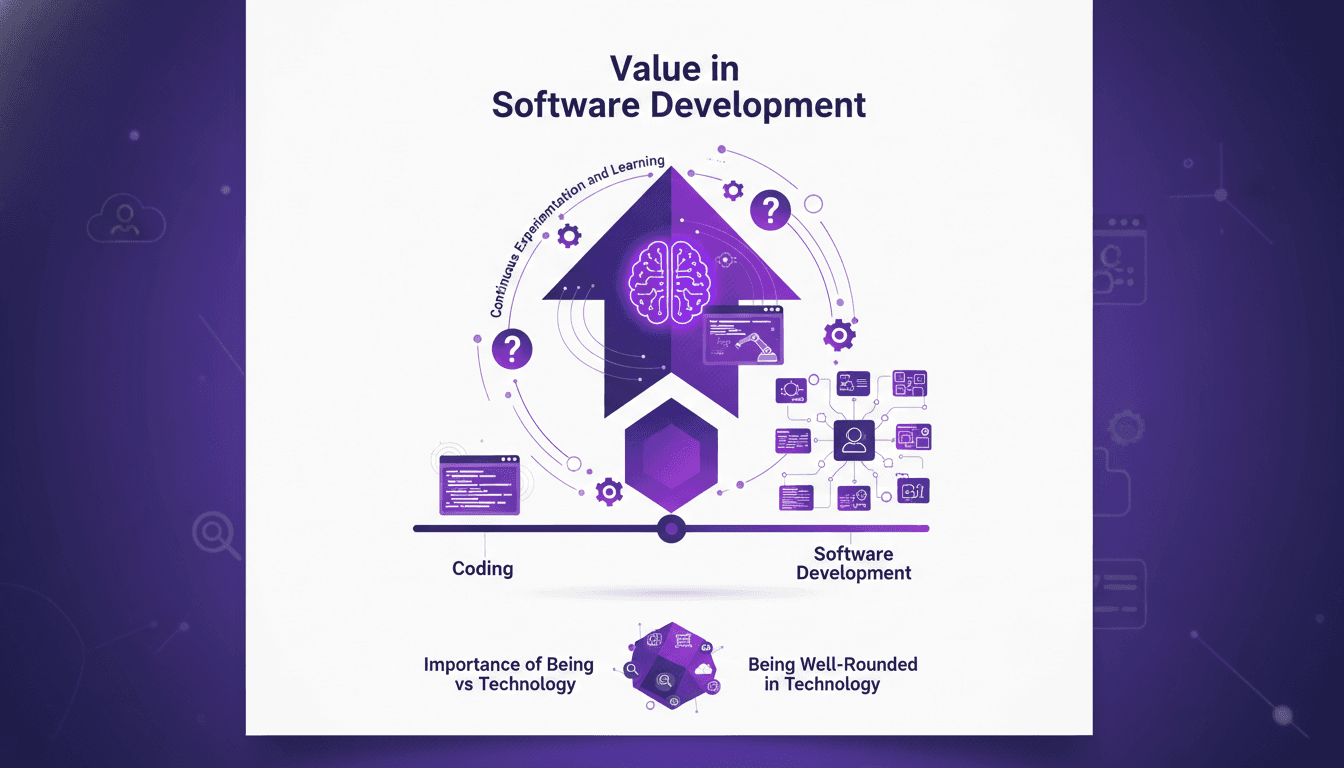 Illustration moderne de développement logiciel valorisant ingénieurs juniors et IA, apprentissage continu, importance d'une expertise polyvalente.