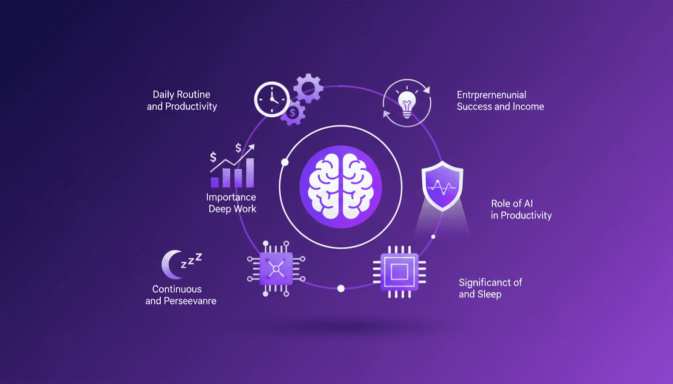 Illustration moderne de la routine quotidienne et productivité, succès entrepreneurial, importance du travail profond, IA et innovation continue.