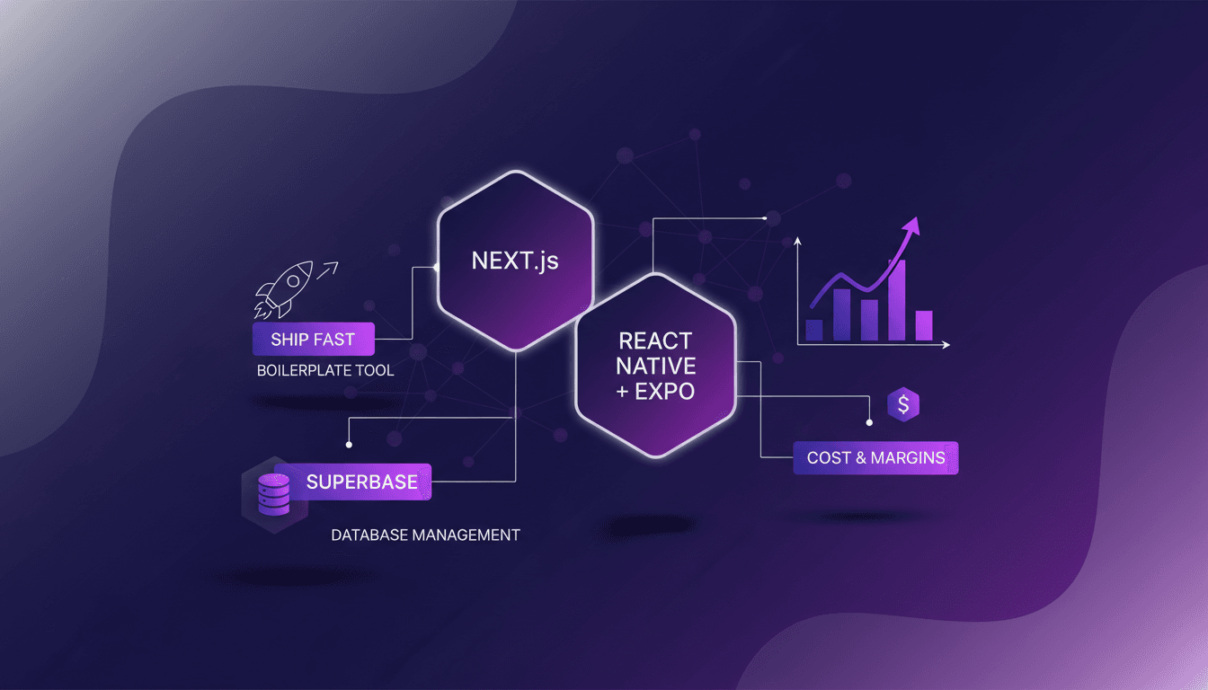Modern tech stack illustration with Nex.js, React Native and Expo, database management with Superbase, business cost overview.