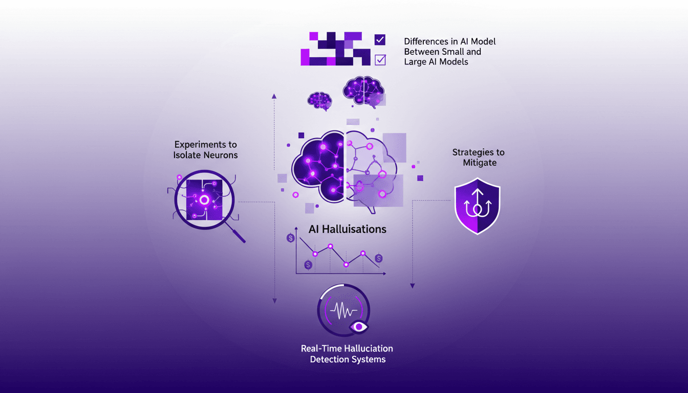 Modern illustration depicting identification of H neurons causing AI hallucinations, financial impact, and mitigation strategies.