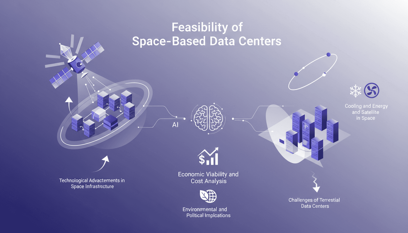 Illustration moderne des centres de données spatiaux, défis terrestres, infrastructure spatiale, viabilité économique et implications environnementales.
