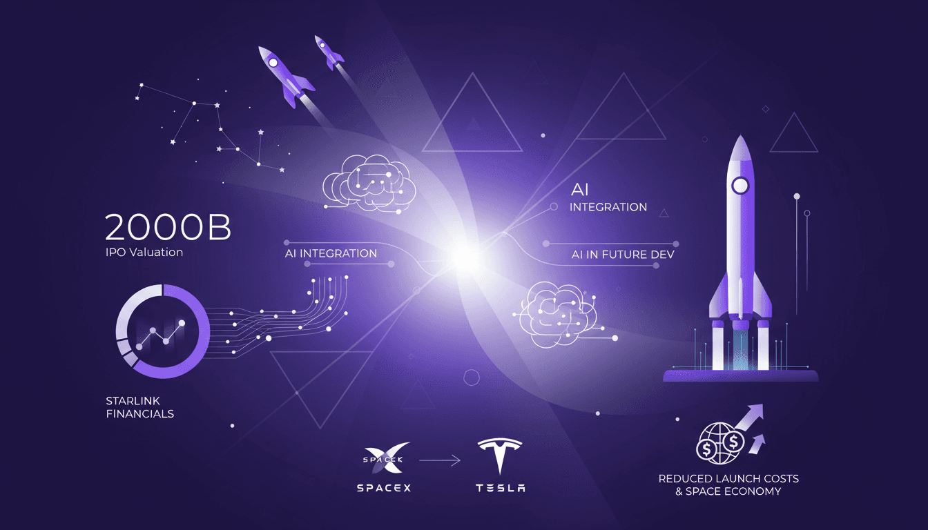 Illustration moderne de l'IPO de SpaceX à 2000 milliards, impact de Starlink, potentiel de Starship, intégration de l'IA, avenir avec Tesla.