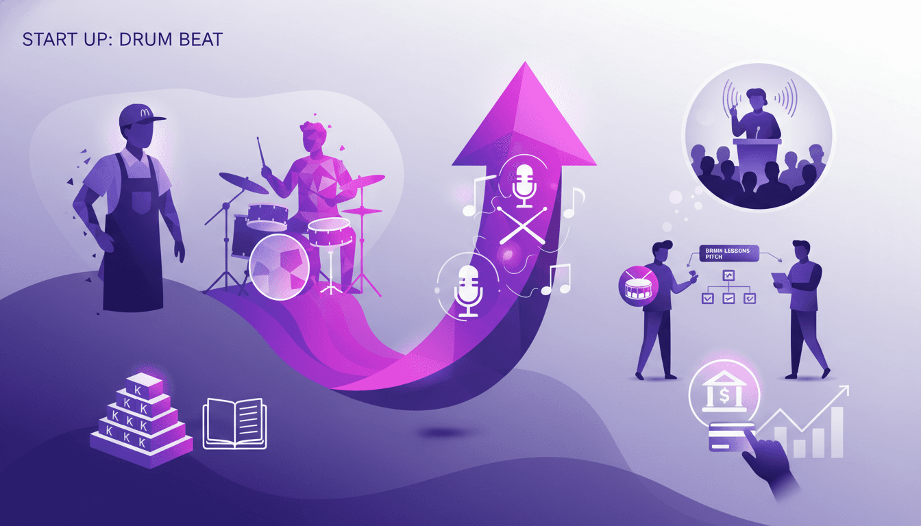 Illustration moderne d'un parcours de McDonald's à entrepreneur, passion pour la batterie, investissement de 10 000$, confiance et enseignement.