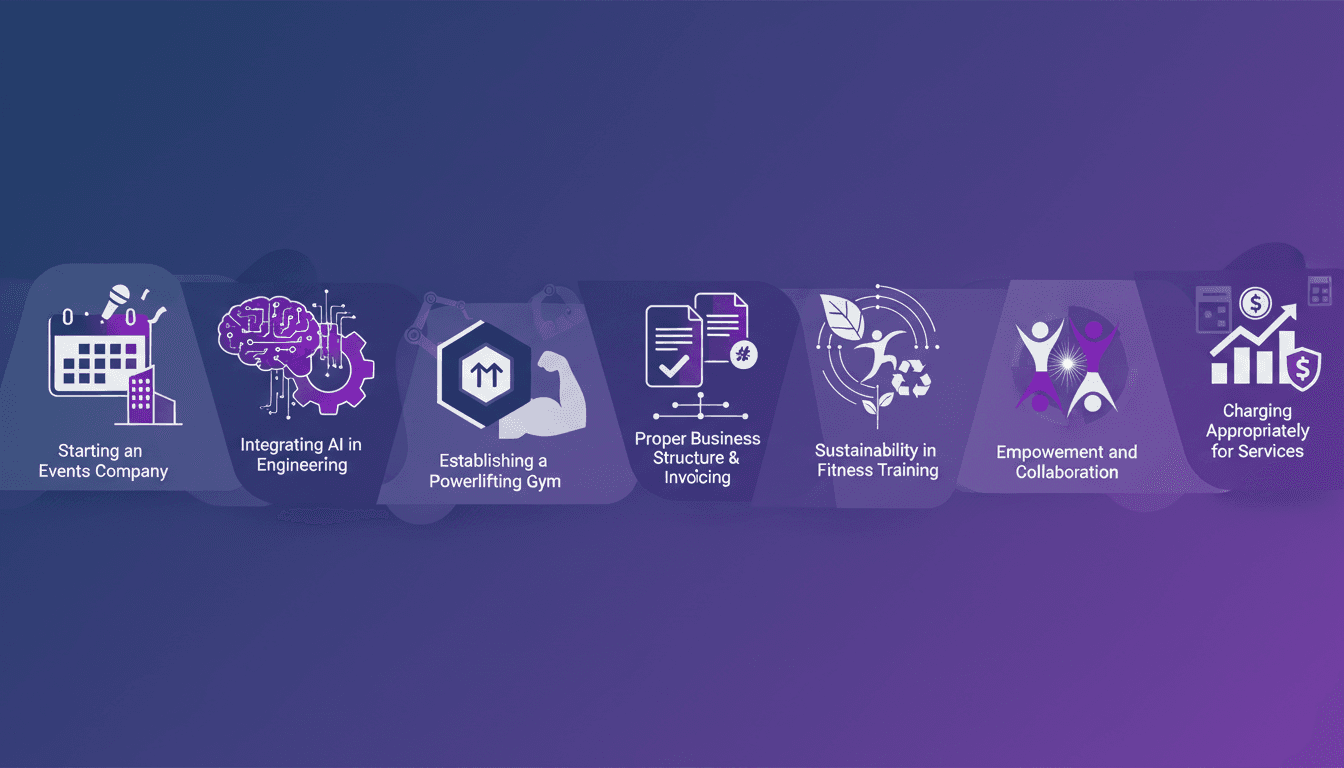 Illustration moderne représentant le lancement d'une entreprise d'événements intégrant l'IA, avec des formes géométriques et des dégradés violets.