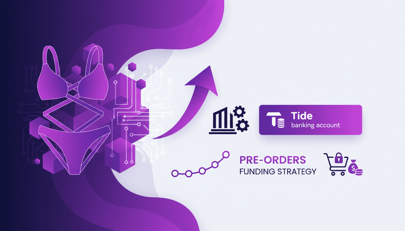 Modern illustration of a swimwear brand startup, design challenges, launching without investment, pre-orders, Tide banking account.