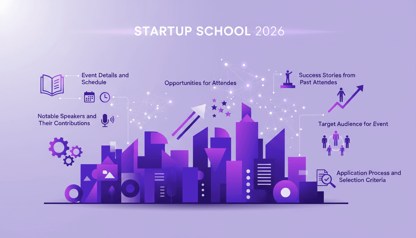 Illustration moderne Startup School 2026 avec détails de l'événement, orateurs notables, succès passés, public cible, critères de sélection.