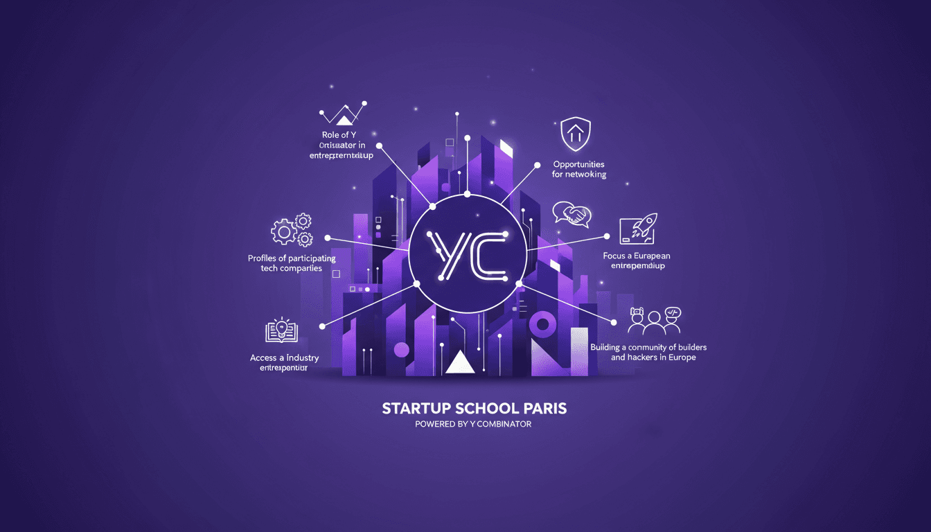 Illustration moderne de Startup School Paris, mettant en avant le rôle de Y Combinator, les entreprises tech et le réseautage en Europe.