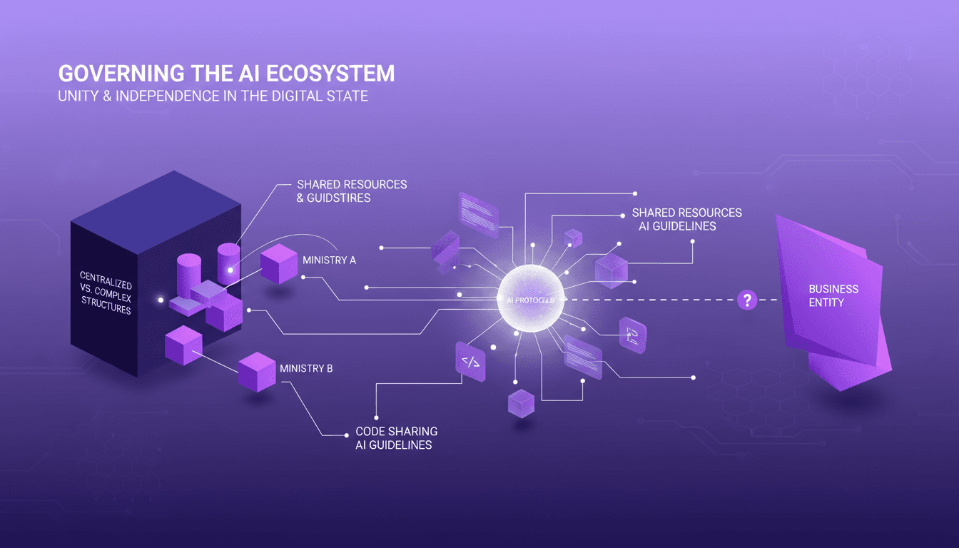 Modern illustration depicting the role of the state vs a business, debate on centralized state structures, resource sharing importance.