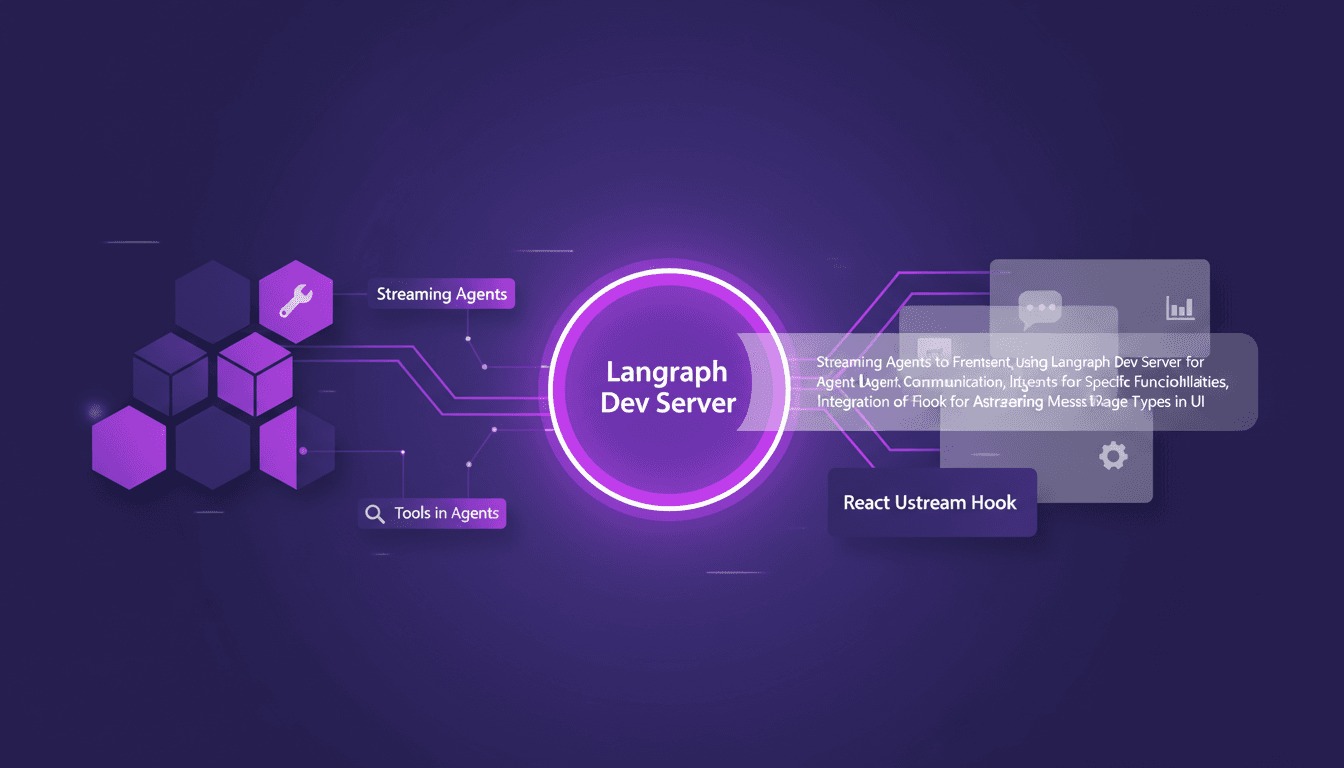 Illustration moderne de streaming d'agents vers le frontend avec LangChain et React, utilisant Langraph pour la communication d'agents.