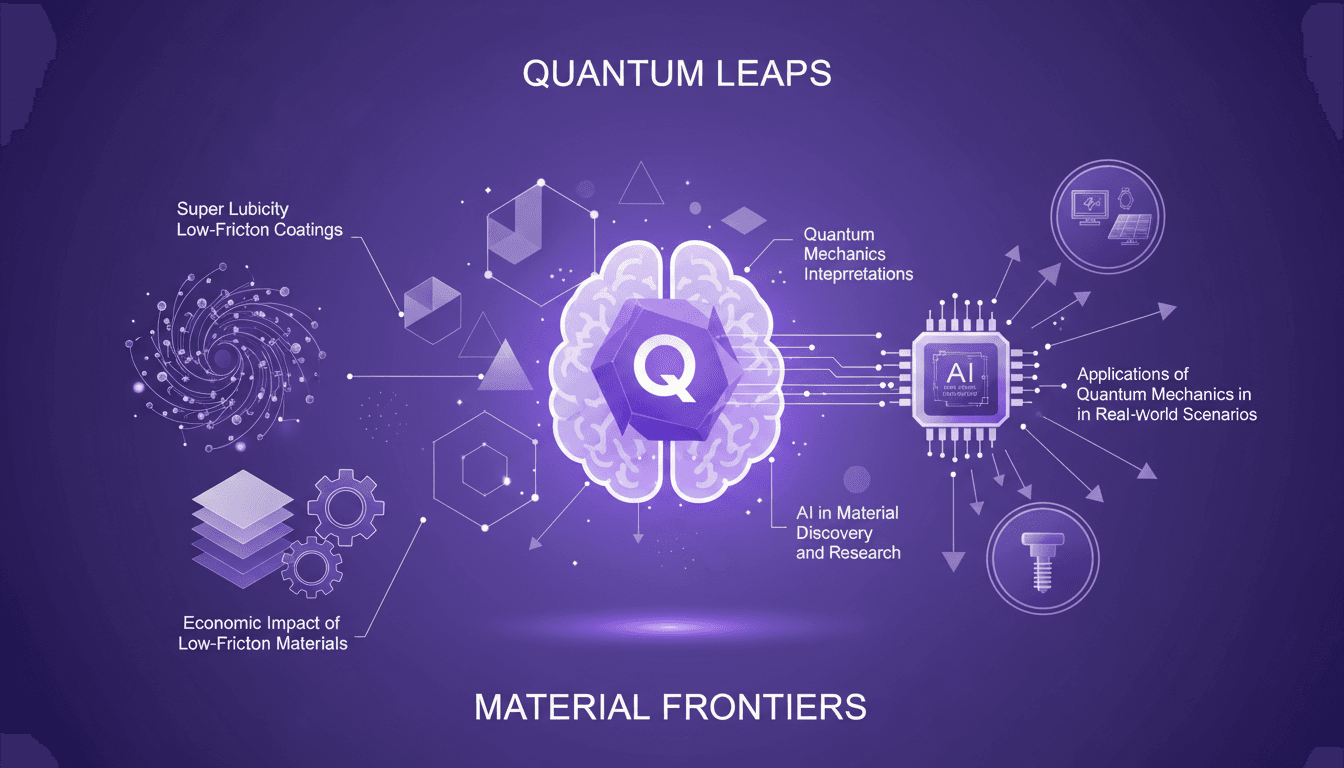 Illustration moderne sur la super lubrification et la science des matériaux, Darwinisme quantique, IA et impact économique des matériaux à faible friction
