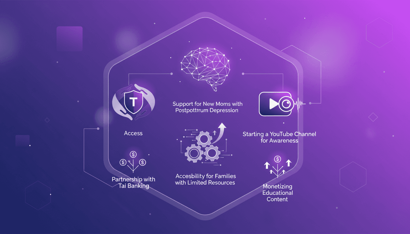 Modern minimalist illustration of support for new moms with postpartum depression, accessibility and banking partnership