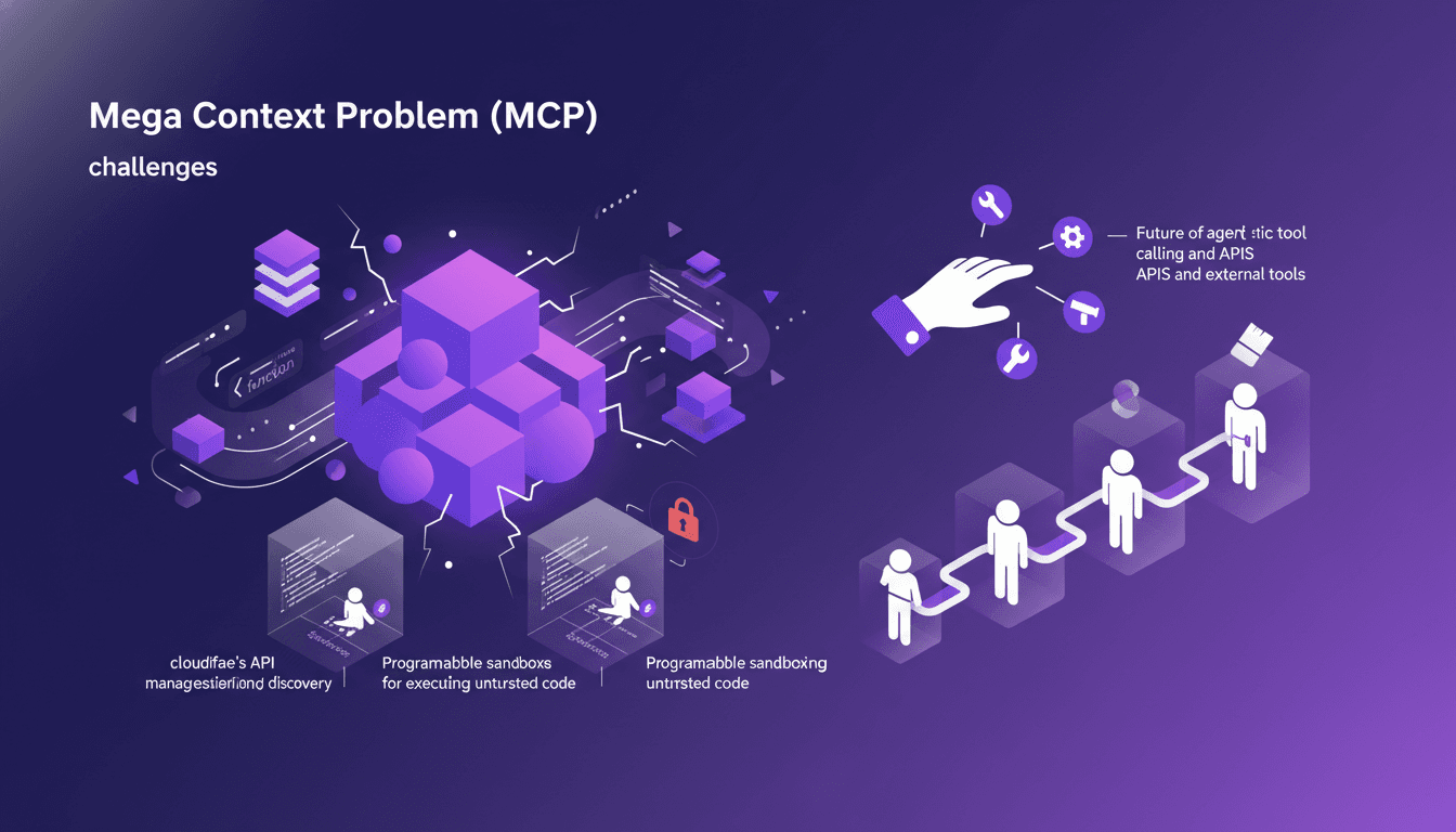 Modern illustration on Mega Context Problem, Cloudflare API, TypeScript, and untrusted code security challenges.