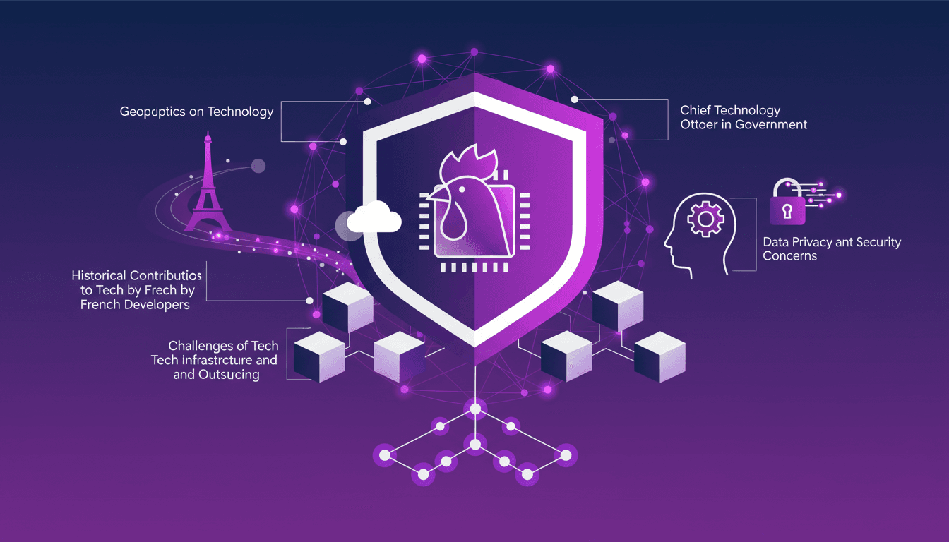 Modern illustration of tech sovereignty in France, CTO role, infrastructure challenges, geopolitical impact, data security concerns.