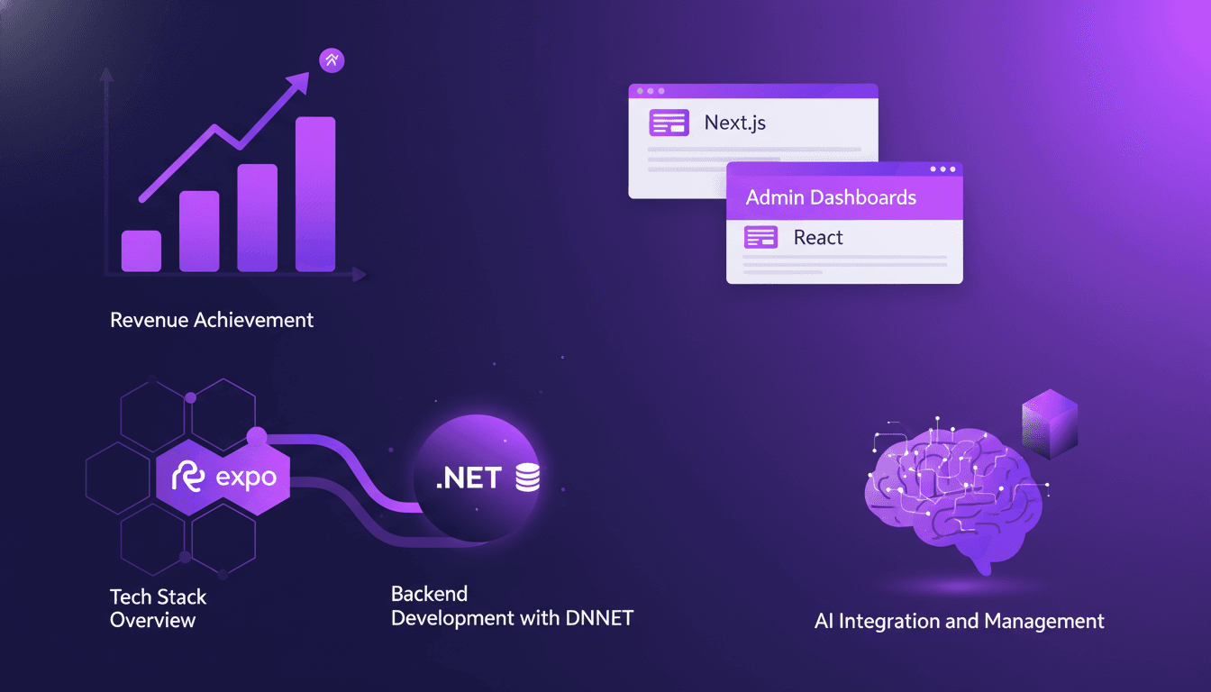Modern illustration of revenue achievement with React Native, Expo, DNNET, Next, React, AI integration, minimalist style.