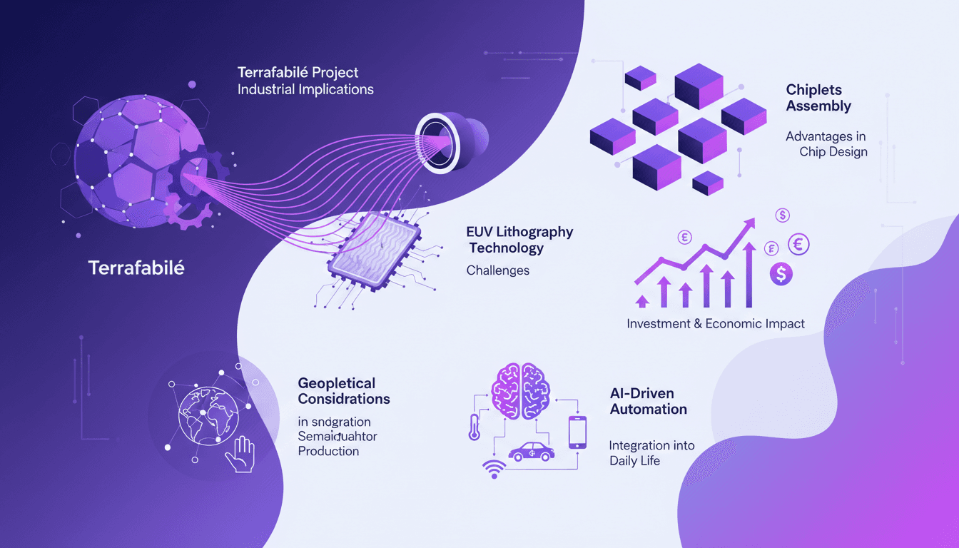 Illustration moderne du projet Terrafabilé, technologie EUV, assemblage de chiplets, impact économique et automatisation AI.