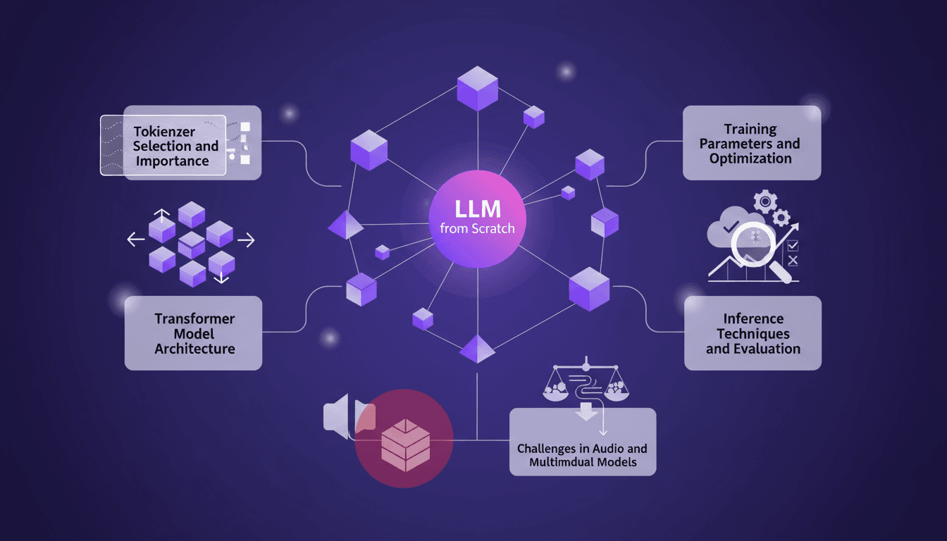 Modern illustration of LLM training with tokenizer selection, Transformer architecture, parameters and optimization, multimodal challenges.