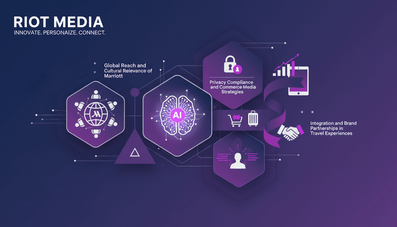 Modern illustration of Riot Media in hospitality featuring personalization, data-driven marketing strategies, and brand partnerships integration.