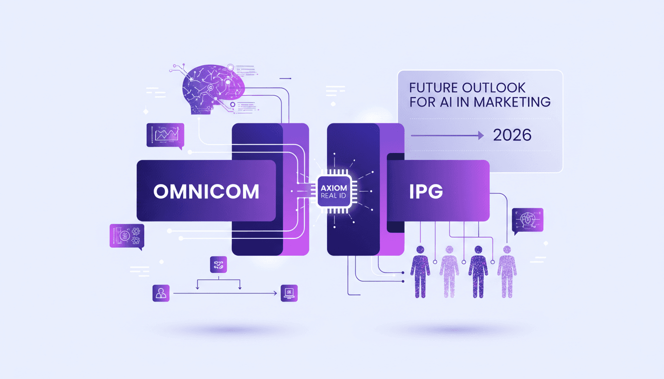 Illustration moderne sur la transformation d'Omnicom en 2026, intégration d'IPG et Axiom, IA générative, approche humaine en marketing.