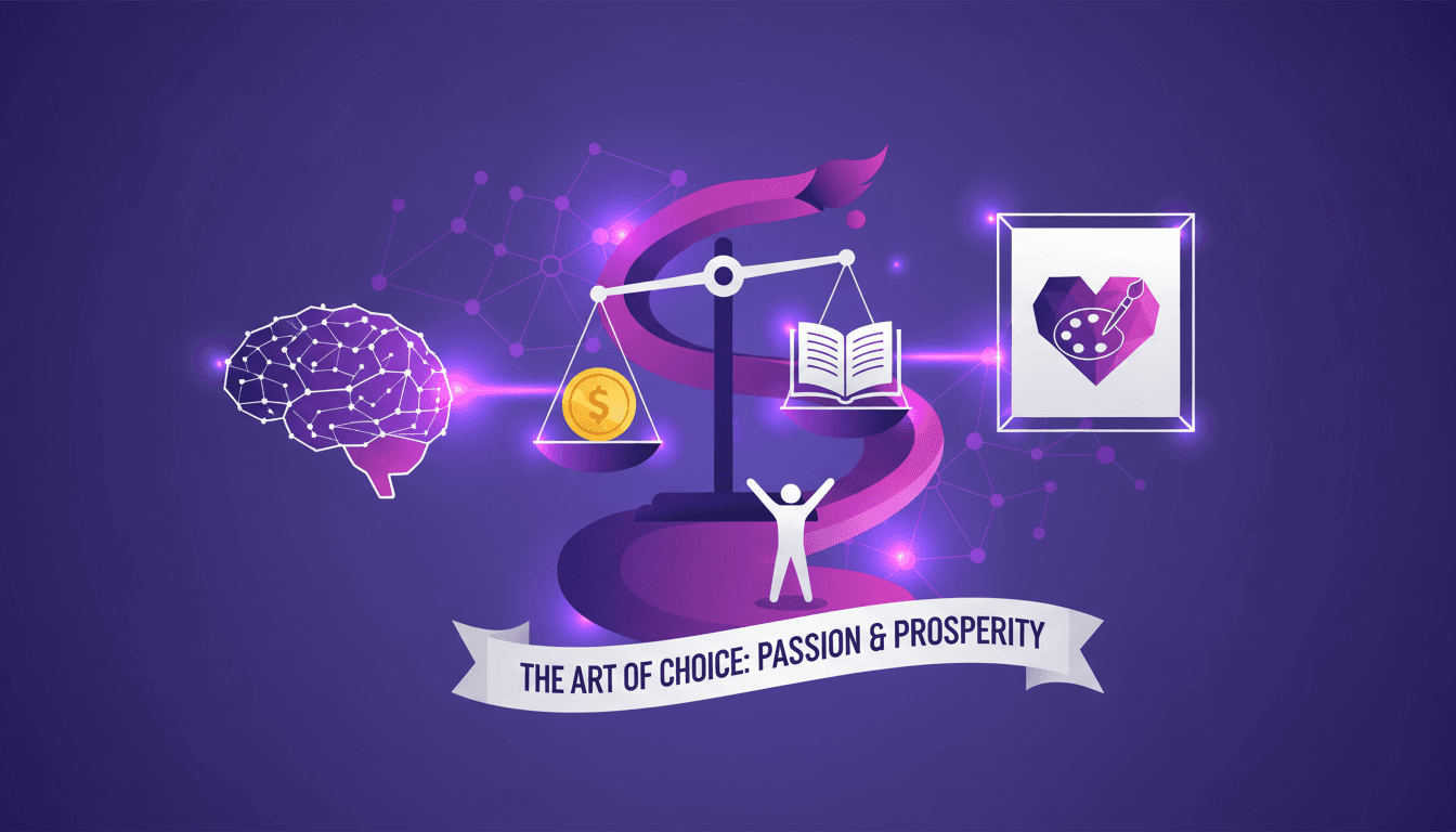 Modern illustration of choosing between monetary reward and educational resource, art as a career, encouragement, and self-belief.